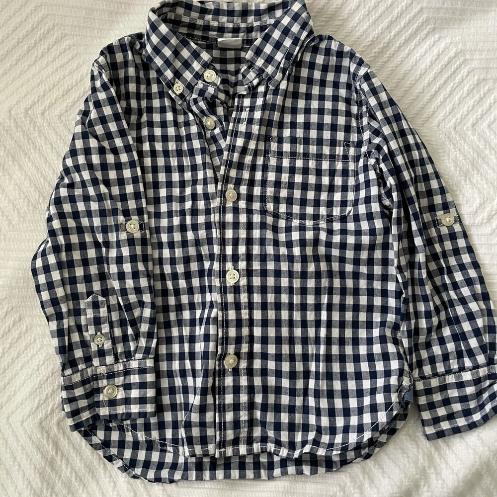 Navy and white plaid button down shirt